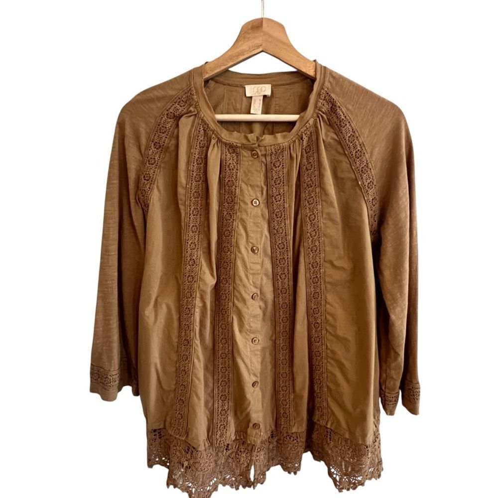 LOGO Lavish Lori Goldstein Womens Peasant Top Size  M Crochet Lace Boho Casual